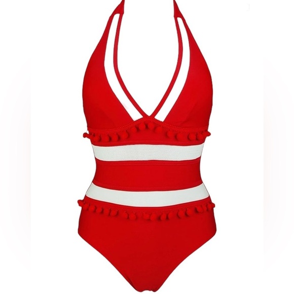 COCOSHIP Other - Red and White Plunging Neck Halter Mesh Pom Pom Tassel One Piece Swimsuit Size